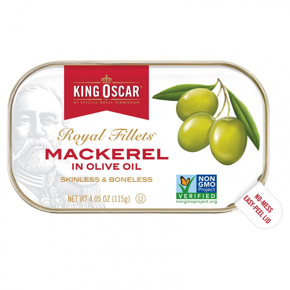   (Iherb) King Oscar, Royal Fillets, Mackerel In Olive Oil, 4.05 oz ( 115 g)    -     , -, 