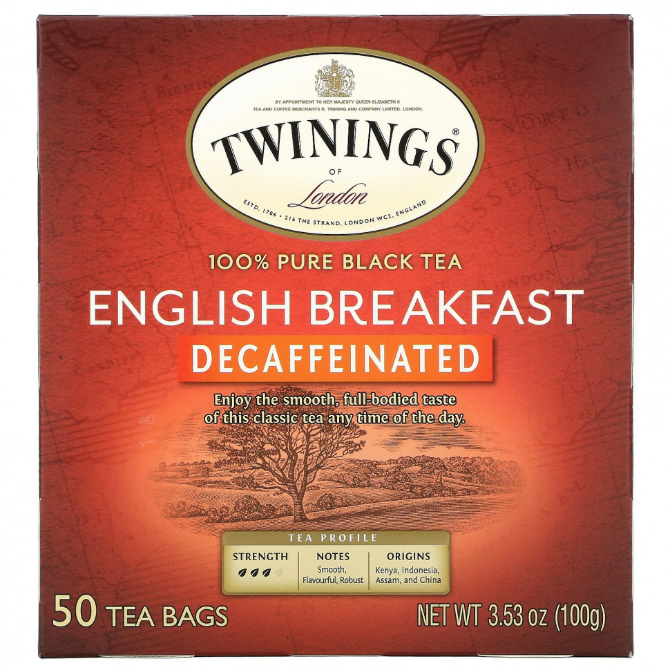   (Iherb) Twinings, English Breakfast, Decaffeinated, 50 Tea Bags, 3.53 oz (100 g)    -     , -, 