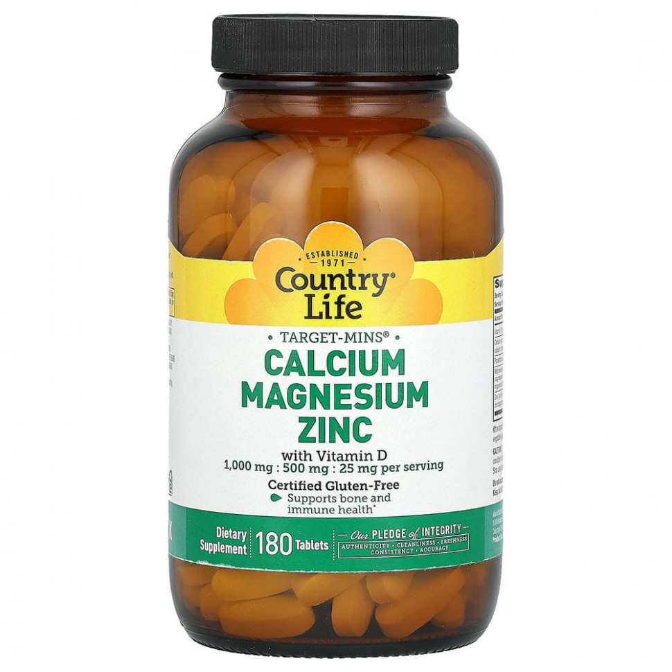   (Iherb) Country Life, Target-Mins, Calcium Magnesium Zinc with Vitamin D, 180 Tablets    -     , -, 