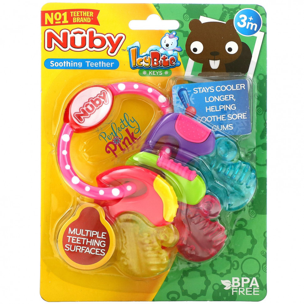  (Iherb) Nuby, Soothing Teether, Icy Bite Keys, 3+ Months, Perfectly Pink, 1 Count    -     , -, 