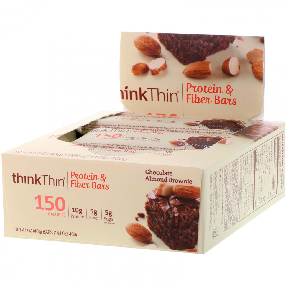   (Iherb) Think !, High Protein Bars, Chocolate Almond Brownie, 10 Bars, 1.41 oz (40g) Each    -     , -, 