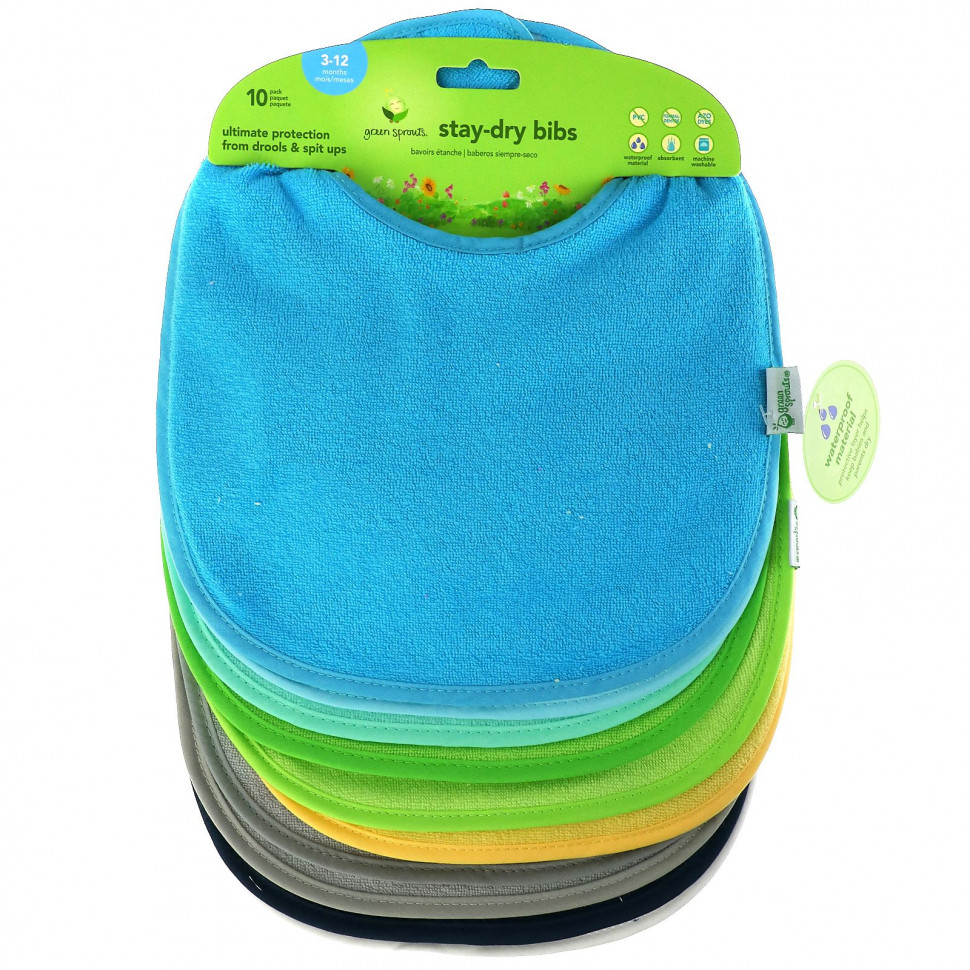   (Iherb) Green Sprouts, Stay-dry Infant Bibs, 3-12 Months, Aqua, 10 Pack    -     , -, 