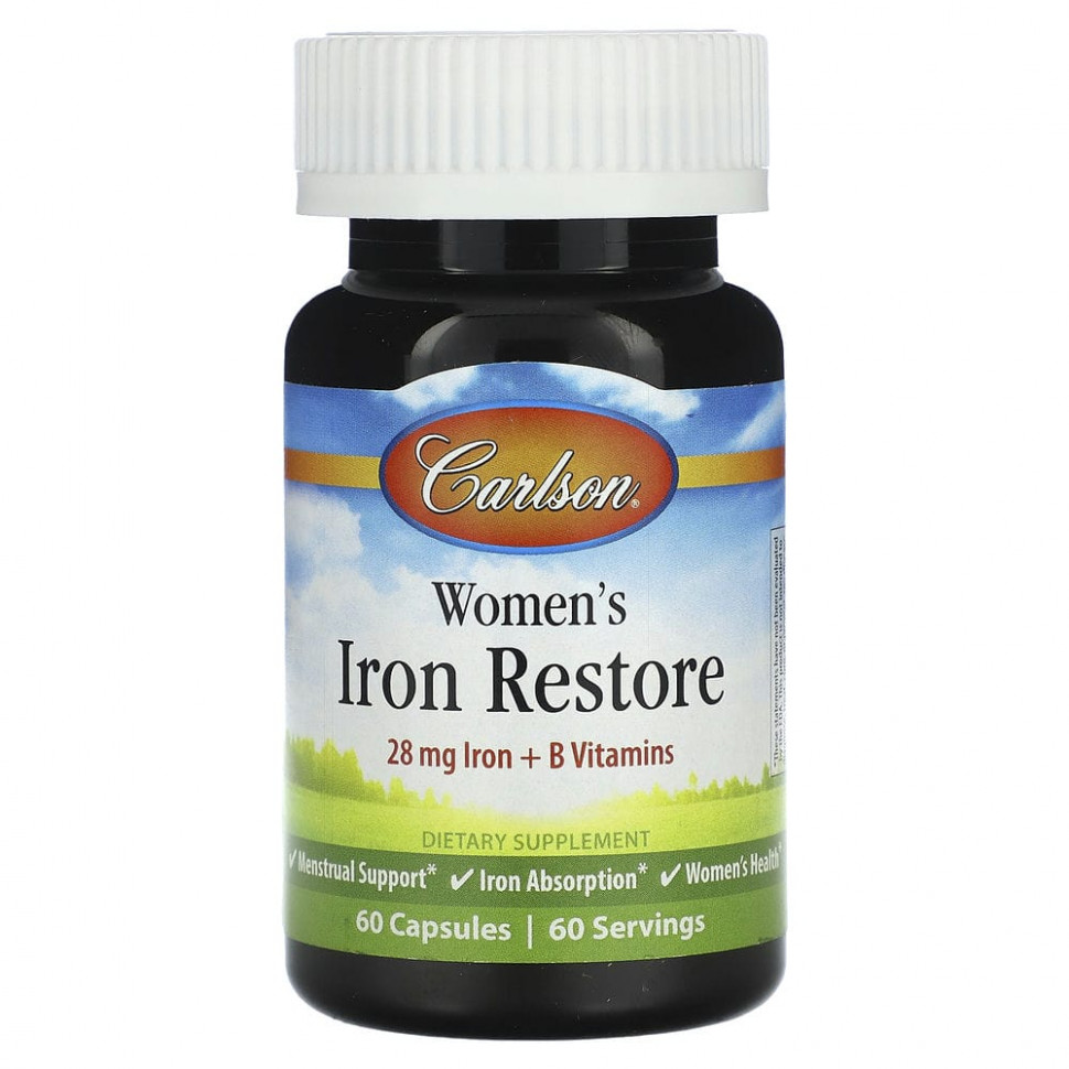   (Iherb) Carlson, Womens Iron Restore, 28 mg Iron + B Vitamins, 60 Capsules    -     , -, 