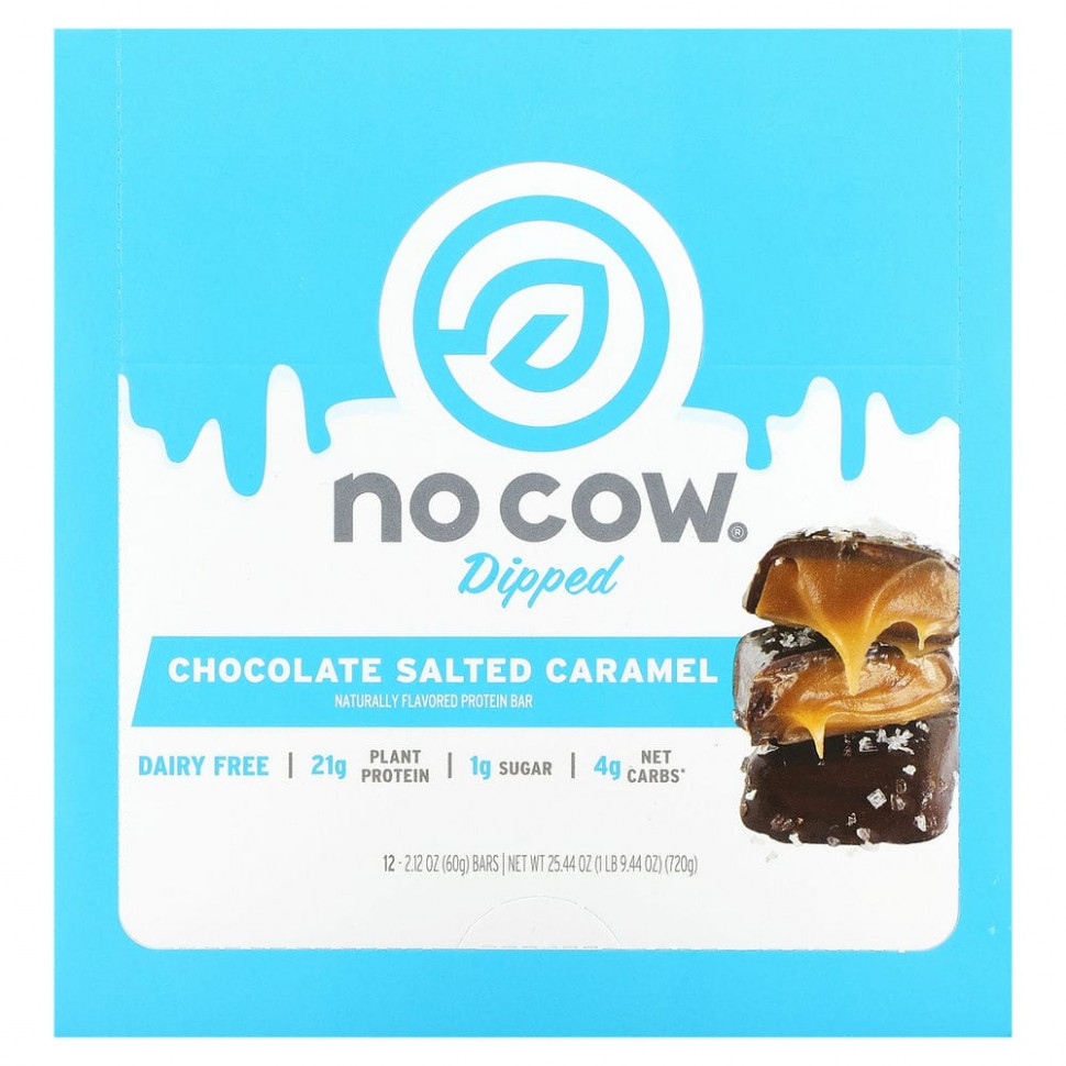   (Iherb) No Cow, Dipped Protein Bar, Chocolate Salted Caramel, 12 Bars, 2.12 oz (60 g) Each    -     , -, 