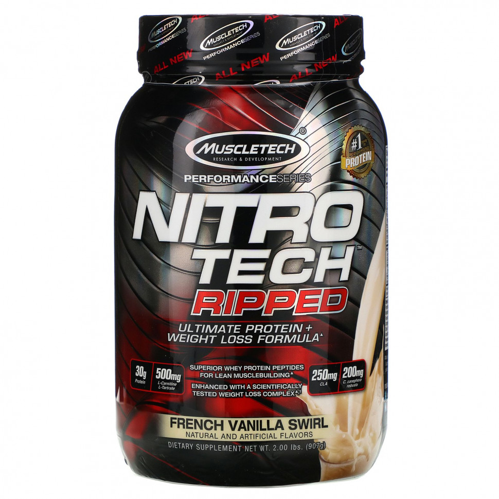   (Iherb) Muscletech, Nitro Tech, Ripped, Ultimate Protein + Weight Loss Formula, French Vanilla Swirl, 2 lbs (907 g)    -     , -, 