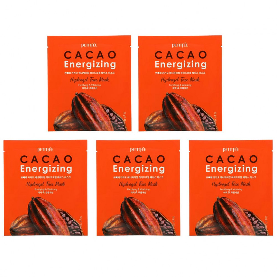   (Iherb) Petitfee, Cacao Energizing Hydrogel Face Mask, 5 Pack, 1.12 oz (32 g)    -     , -, 