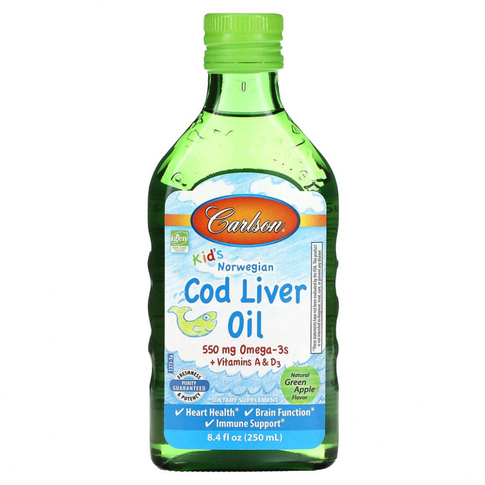   (Iherb) Carlson, Kids Cod Liver Oil, Natural Green Apple , 550 mg, 8.4 fl oz (250 ml)    -     , -, 