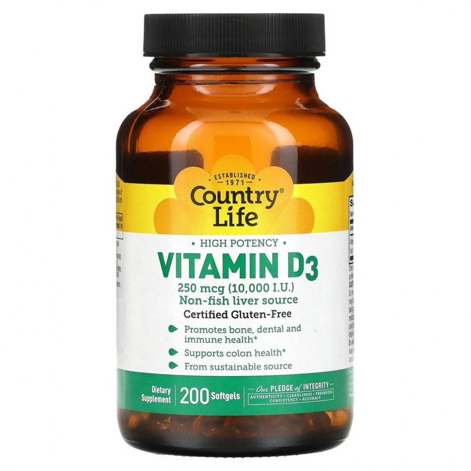   (Iherb) Country Life, Vitamin D3, High Potency, 250 mcg (10,000 IU), 200 Softgels    -     , -, 