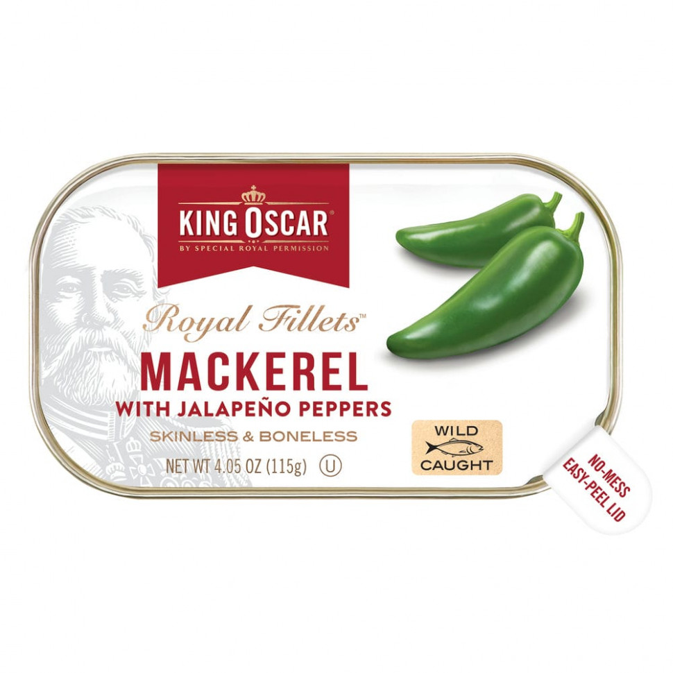   (Iherb) King Oscar, Royal Fillets, Mackerel With Jalapeno Peppers, 4.05 oz ( 115 g),   800 