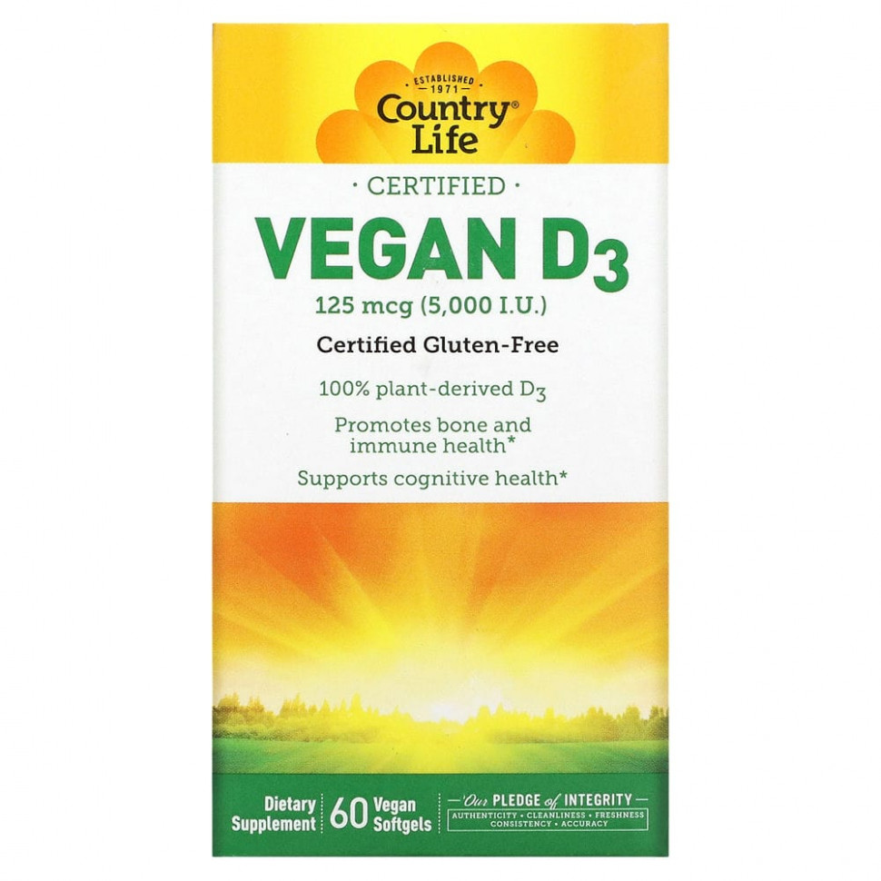   (Iherb) Country Life, Vegan D3, 125 mcg (5,000 IU), 60 Vegan Softgels    -     , -, 