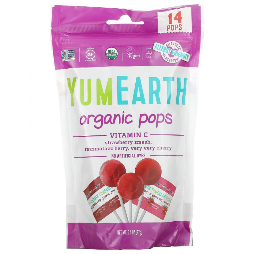 ���� ������ (Iherb) YumEarth, Organic Pops, ������� C, ���������� ���������, ����� ���������, �����, 14 ��������, 87 � (3,1 �����), ������ �� 940 ���