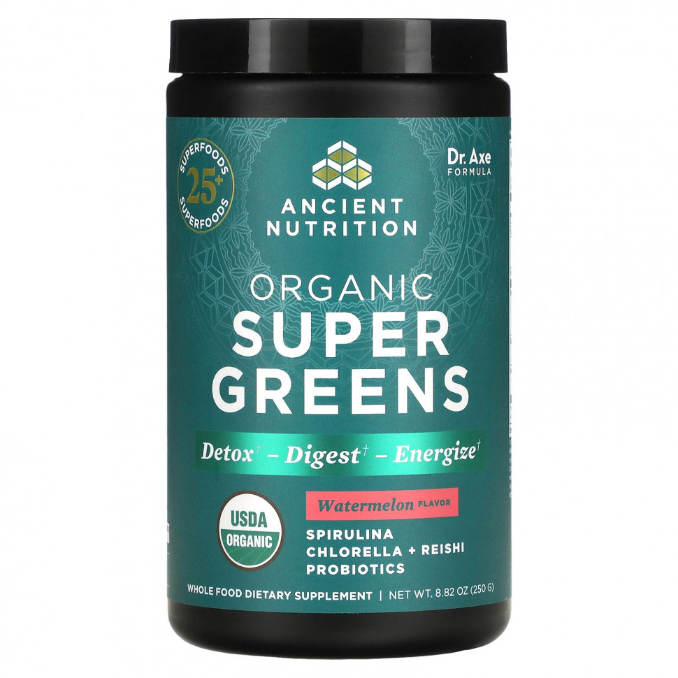   (Iherb) Dr. Axe / Ancient Nutrition, Organics Super Greens, Watermelon, 8.82 oz (250 g)    -     , -, 