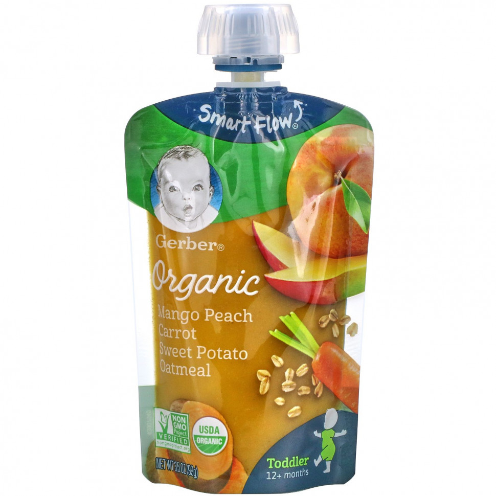   (Iherb) Gerber, Organic Mango, Peach, Carrot, Sweet Potato, Oatmeal, Toddler, 12+ Months, 3.5 oz (99 g)    -     , -, 