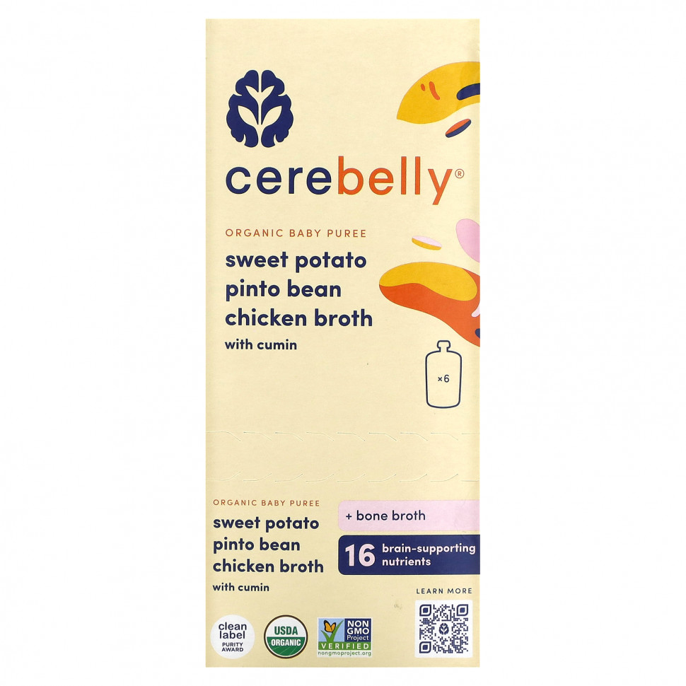   (Iherb) Cerebelly, Organic Baby Puree, Sweet Potato, Pinto Bean, Chicken Broth with Cumin, 6 Pouches, 4 oz (113 g) Each    -     , -, 