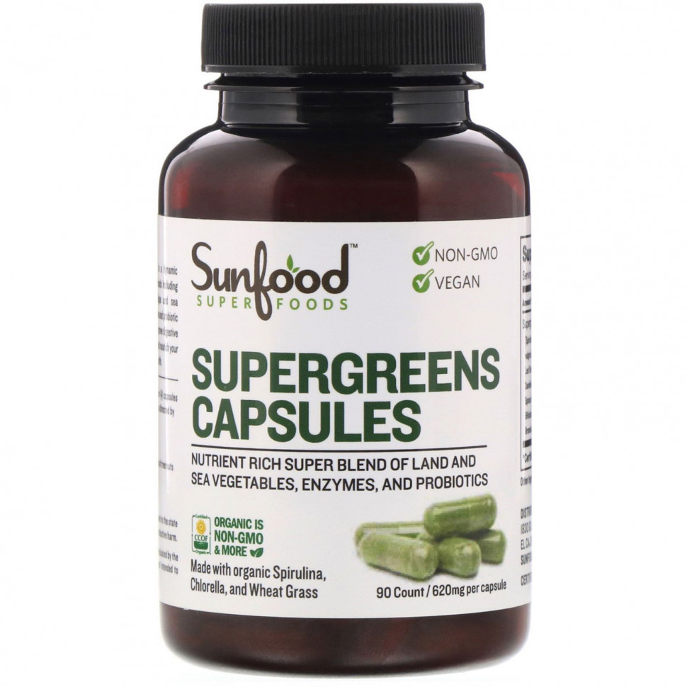   (Iherb) Sunfood, Supergreens Capsules, 155 mg, 90 Count    -     , -, 