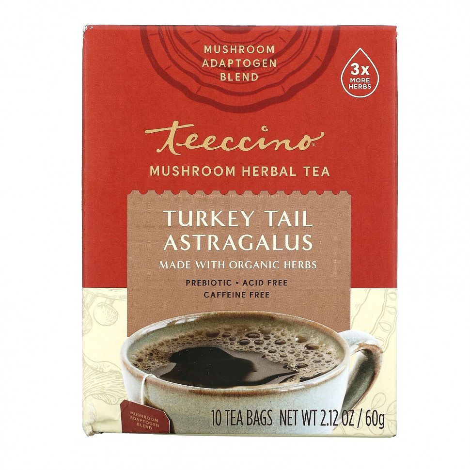   (Iherb) Teeccino, Mushroom Herbal Tea, Turkey Tail Astragalus, 10 Tea Bags, 2.12 oz (60 g)    -     , -, 