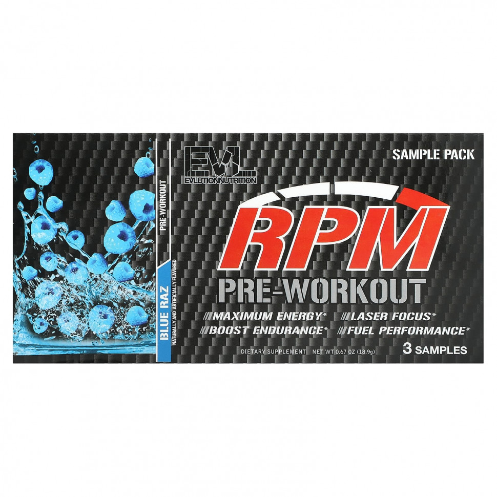 ���� ������ (Iherb) EVLution Nutrition, RPM, ����� �����������, �������, Blue Raz, 3 ����-������, 18,9 � (0,67 �����), ������ �� 600 ���