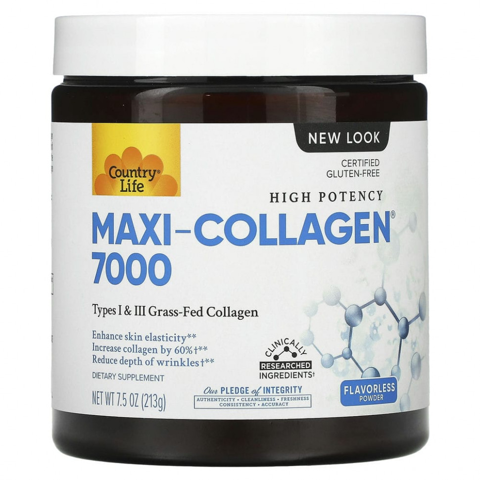   (Iherb) Country Life, Maxi-Collagen 7000 Powder, Flavorless, 7.5 oz (213 g)    -     , -, 