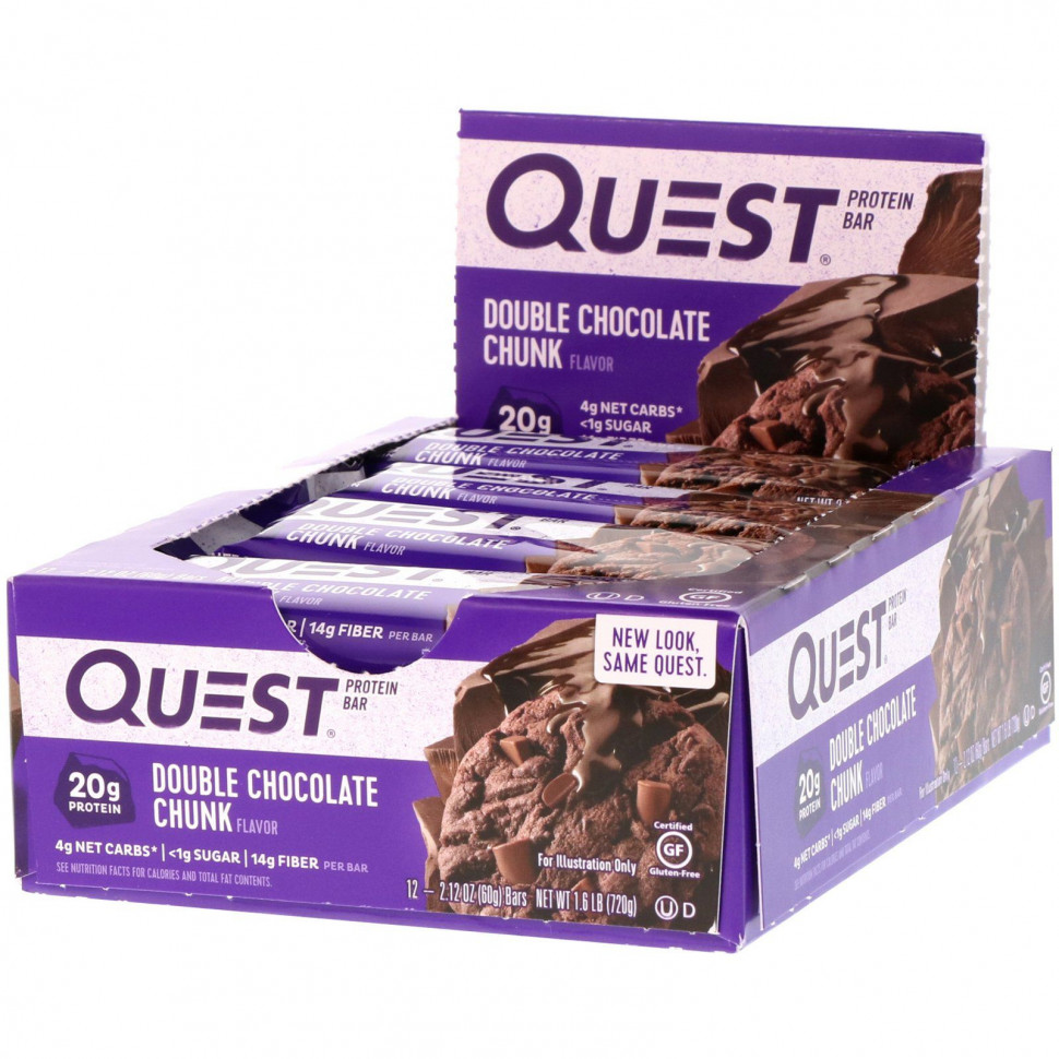   (Iherb) Quest Nutrition, QuestBar, Protein Bar, Double Chocolate Chunk, 12 Bars, 2.12 oz (60 g) Each    -     , -, 