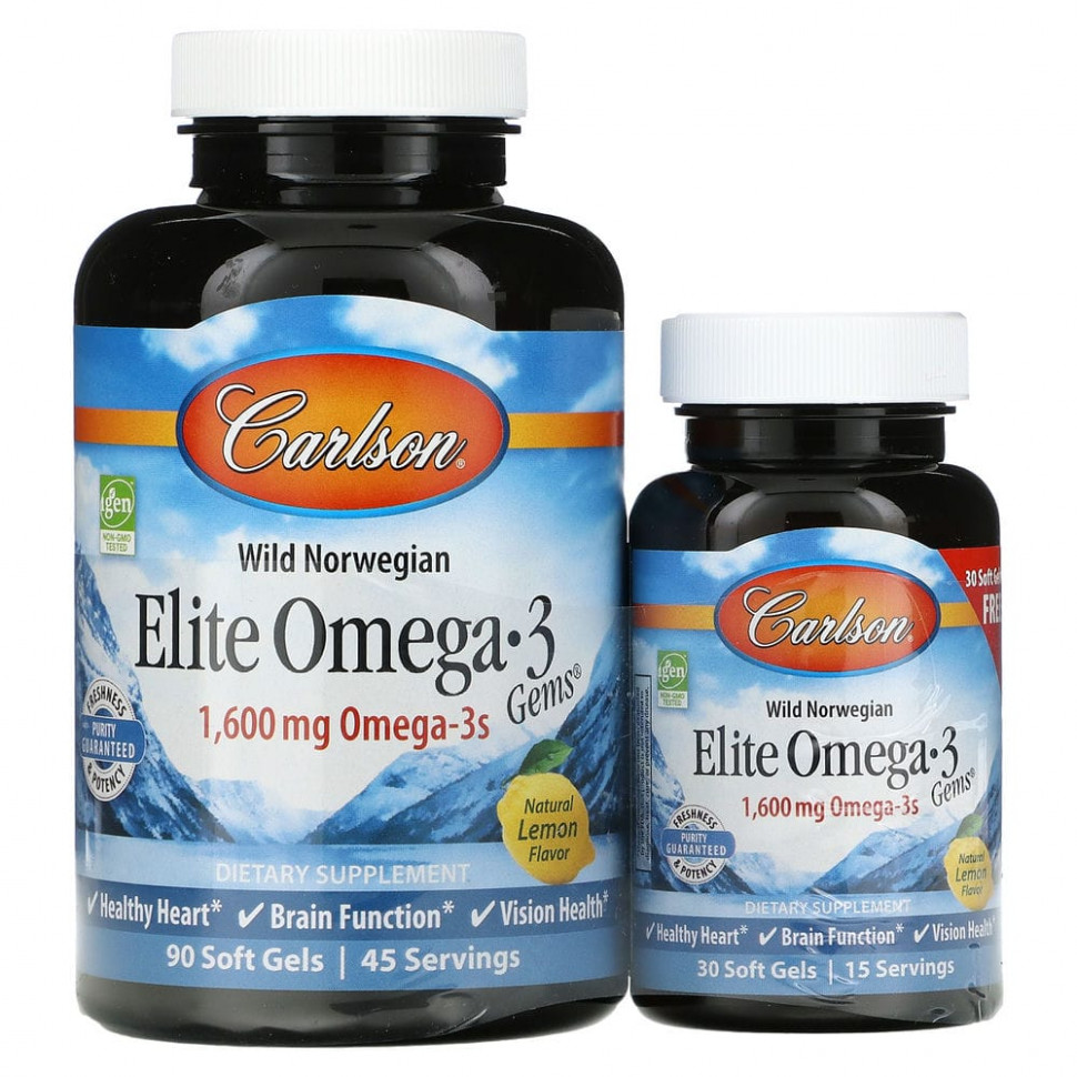   (Iherb) Carlson Labs, Wild Caught, Elite Omega-3 Gems,  -3 ,   , 800 , 90 +30      -     , -, 