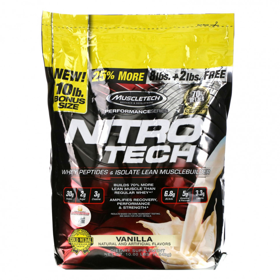 ���� ������ (Iherb) Muscletech, Performance Series, Nitro Tech, ������������ ������� � ������ ��� ����������� �������� �����, ������, 4,54 �� (10 ������), ������ �� 28670 ���
