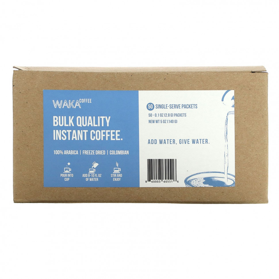 ���� ������ (Iherb) Waka Coffee, ����������� ���� �� 100% �������, ����������������� ������������, 50 ���������� ��������� �� 2,8 � (0,1 �����), ������ �� 4860 ���