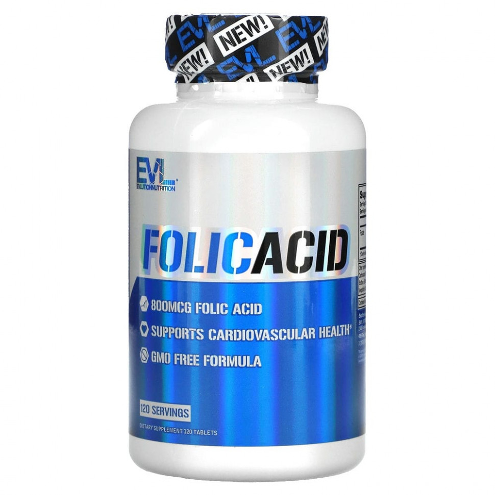   (Iherb) EVLution Nutrition, Folic Acid, 800 mcg, 120 Tablets    -     , -, 