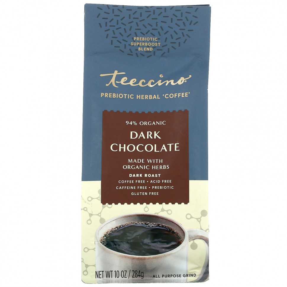   (Iherb) Teeccino, Prebiotic Herbal Coffee, Dark Roast, Caffeine Free, Dark Chocolate, 10 oz (284 g)    -     , -, 