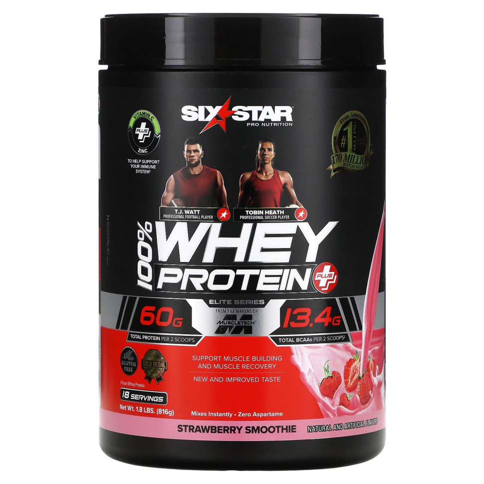   (Iherb) SIXSTAR, Elite Series, 100% Whey Protein Plus, Strawberry Smoothie, 1.8 lbs (816 g)    -     , -, 