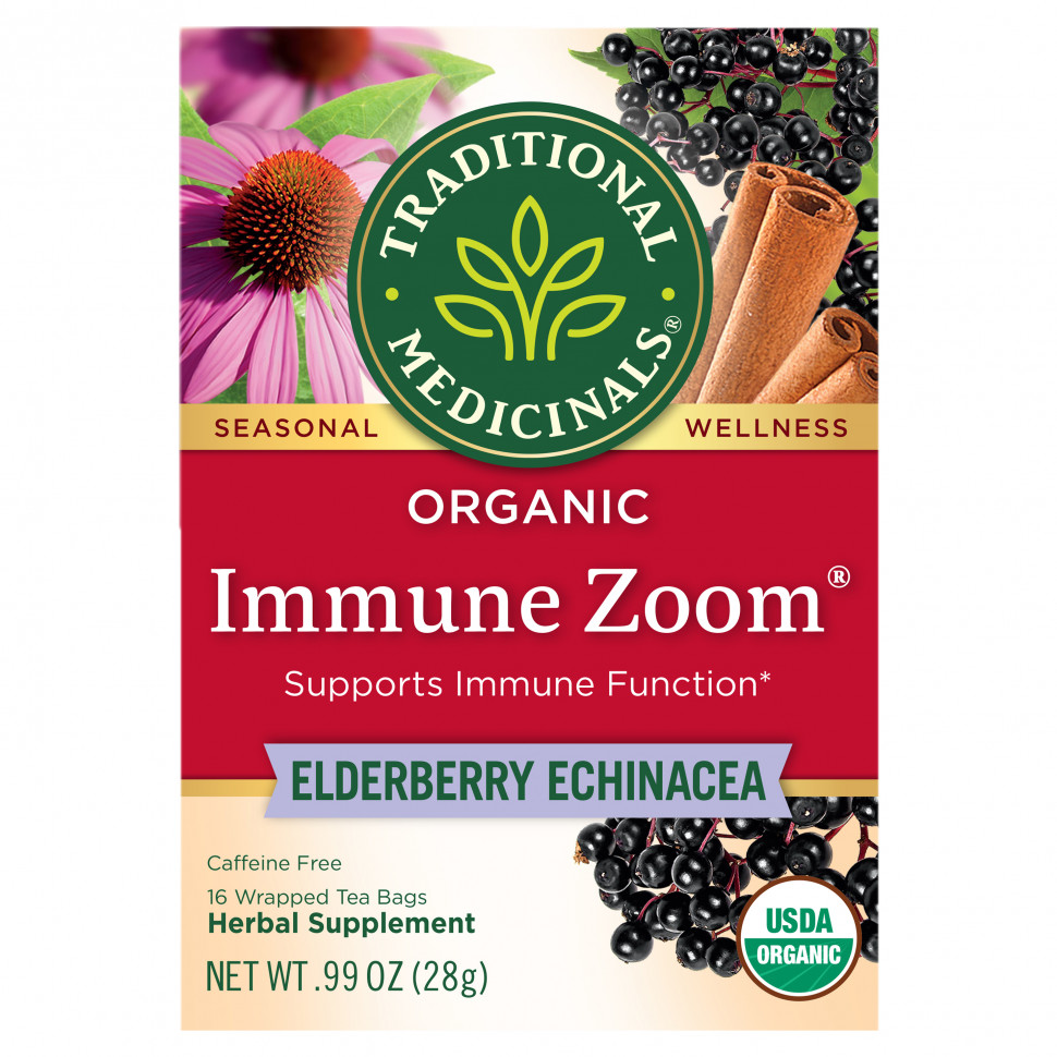   (Iherb) Traditional Medicinals, Organic Immune Zoom, Elderberry Echinacea, Caffeine Free, 16 Wrapped Tea Bags, 0.06 oz (1.75 g) Each,   1150 