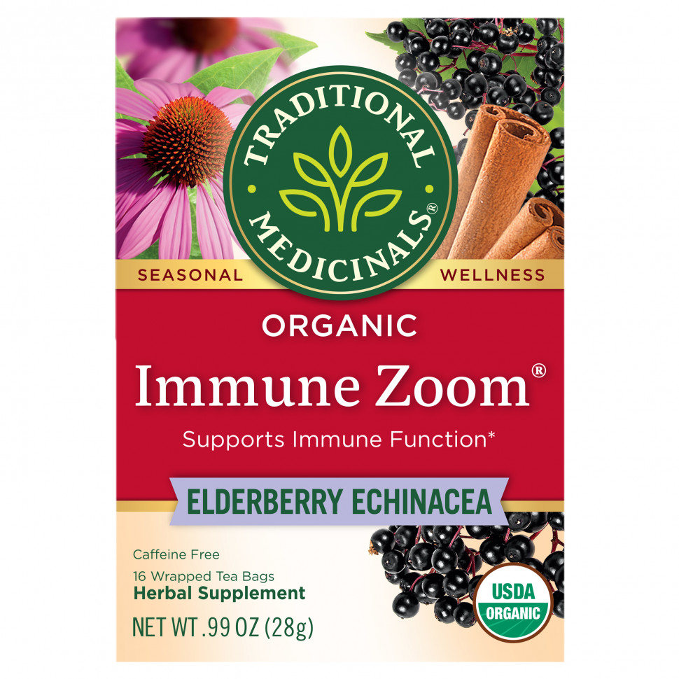   (Iherb) Traditional Medicinals, Organic Immune Zoom, Elderberry Echinacea, Caffeine Free, 16 Wrapped Tea Bags, 0.06 oz (1.75 g) Each    -     , -, 