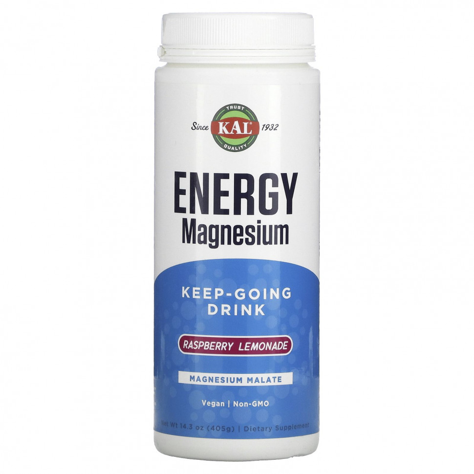   (Iherb) KAL, Energy Magnesium, Keep-Going Drink, Raspberry Lemonade, 14.3 oz (405 g)    -     , -, 