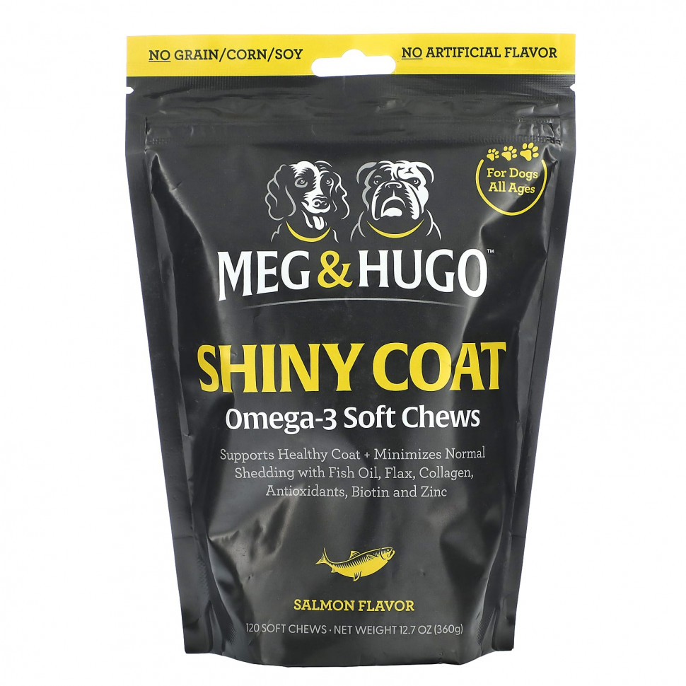 ���� ������ (Iherb) Meg & Hugo, Shiny Coat, ����������� �������� � �����-3, ��� �����, ��� ���� ���������, ������, 120 ����������� ��������, 360 � (12,7 �����), ������ �� 5240 ���