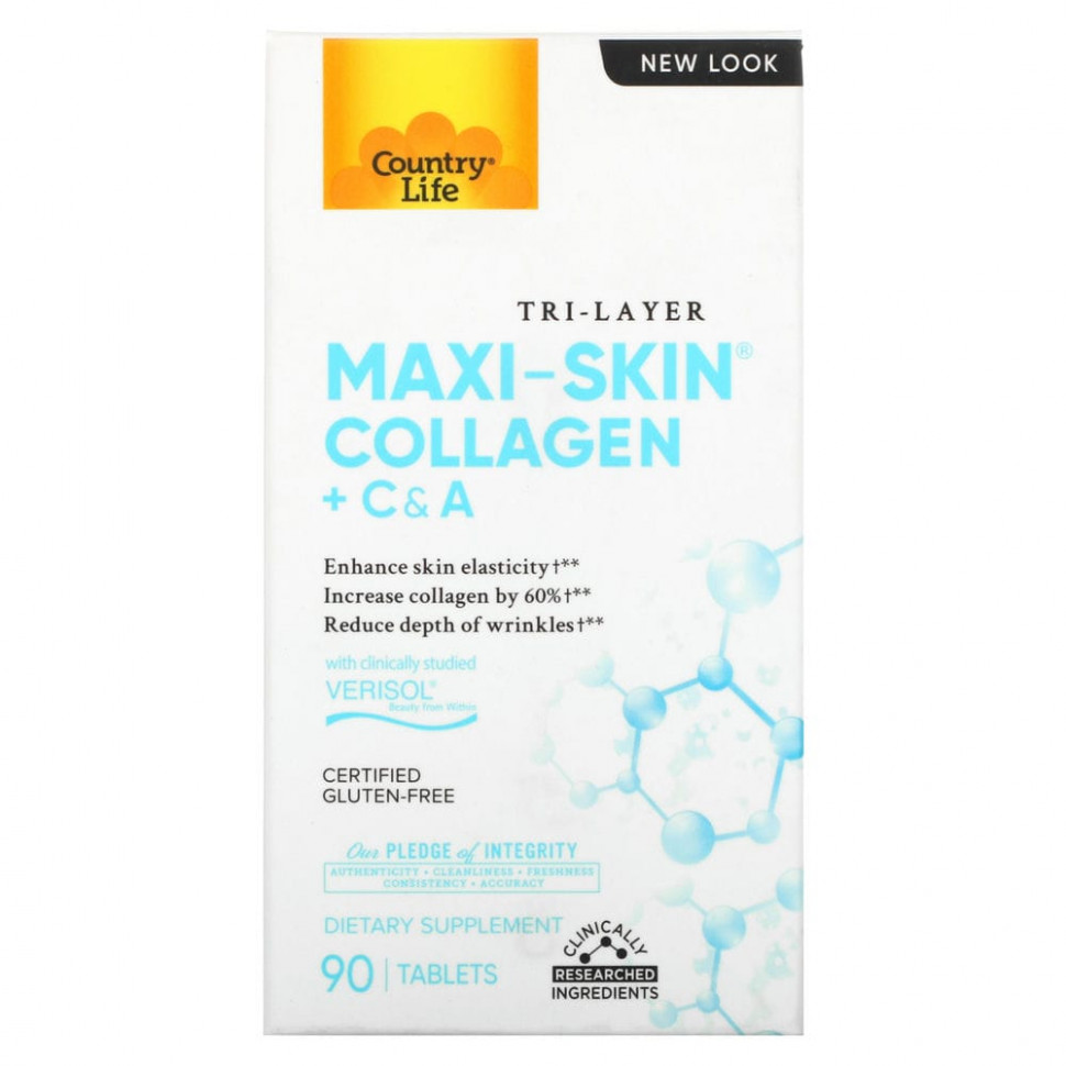 ���� ������ (Iherb) Country Life, Tri Layer Maxi-Skin Collagen, �������� � ���������� C � A, 90 ��������, ������ �� 3660 ���