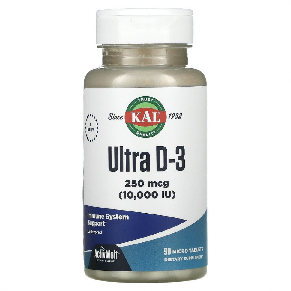 ���� ������ (Iherb) KAL, Ultra D-3, ������� D3, � ����������� ������, 250 ��� (10 000 ��), 90 ����-��������, ������ �� 2090 ���