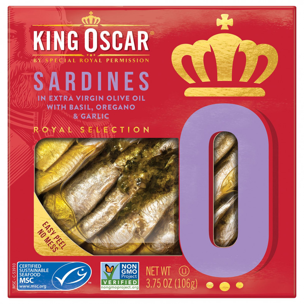   (Iherb) King Oscar, Sardines In Extra Virgin Olive Oil with Basil, Oregano & Garlic, 3.75 oz ( 106 g)    -     , -, 