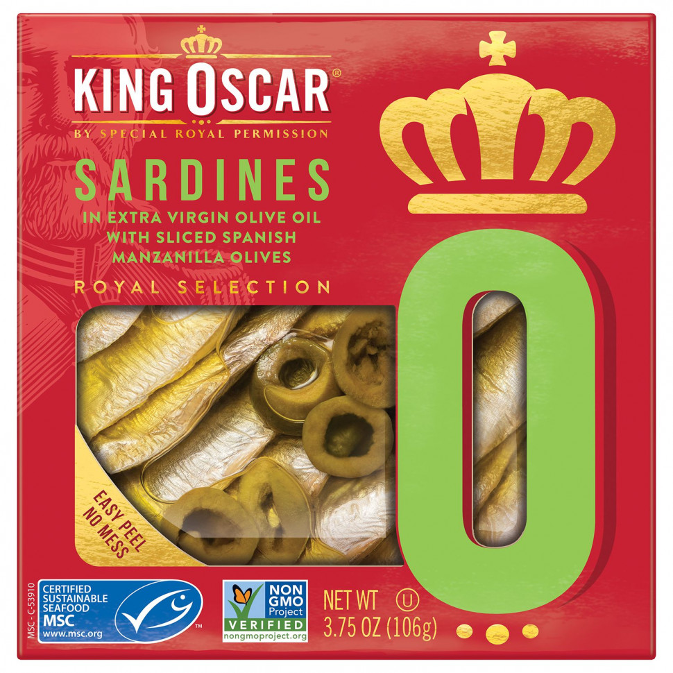   (Iherb) King Oscar, Sardines In Extra Virgin Olive Oil With Sliced Spanish Manzanilla Olives, 3.75 oz ( 106 g)    -     , -, 