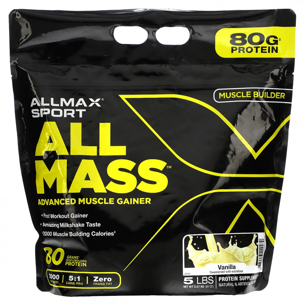   (Iherb) ALLMAX, Sport, All Mass, Advanced Muscle Gainer, Vanilla, 5 lbs, 2.27 kg (80 oz)    -     , -, 