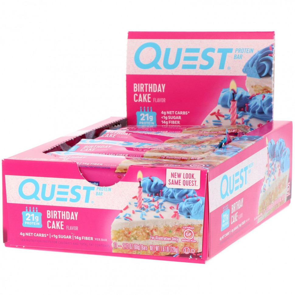   (Iherb) Quest Nutrition, Quest Protein Bar, Birthday Cake, 12 Pack, 2.12 oz (60 g) Each    -     , -, 