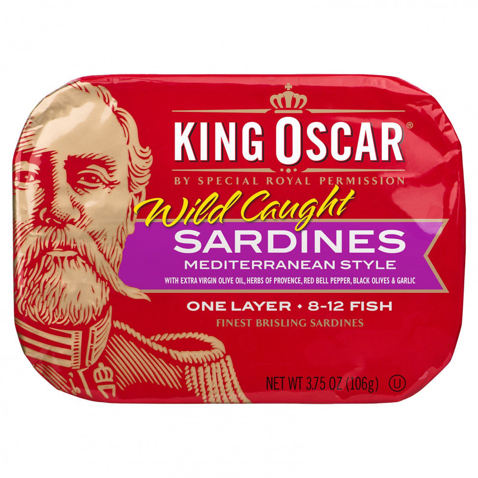   (Iherb) King Oscar, Wild Caught, Sardines Mediterranean Style, 3.75 oz ( 106 g)    -     , -, 