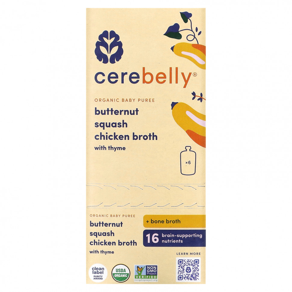   (Iherb) Cerebelly, Organic Baby Puree, Butternut, Squash, Chicken Broth with Thyme, 6 Pouches, 4 oz (113 g) Each    -     , -, 