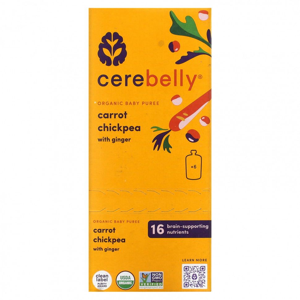   (Iherb) Cerebelly, Organic Baby Puree, Carrot Chickpea with Ginger, 6 Pouches, 4 oz (113 g) Each,   4660 