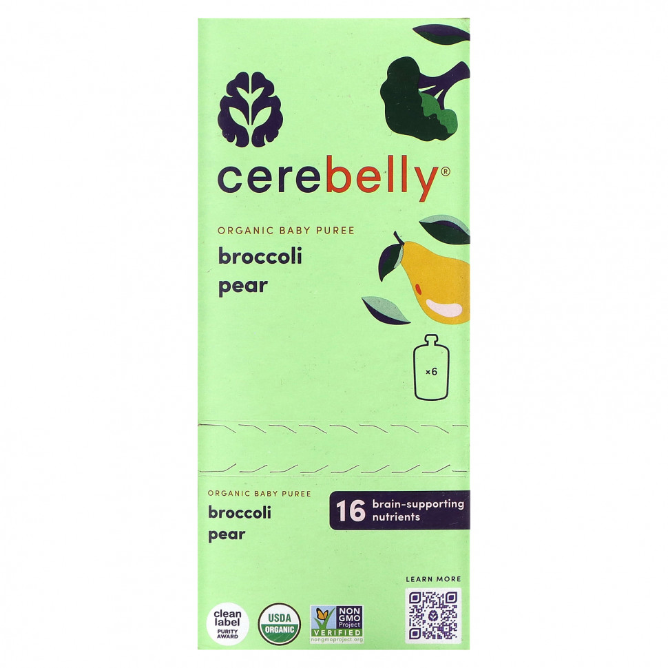   (Iherb) Cerebelly, Organic Baby Puree, Broccoli Pear, 6 Pouches, 4 oz (113 g) Each    -     , -, 