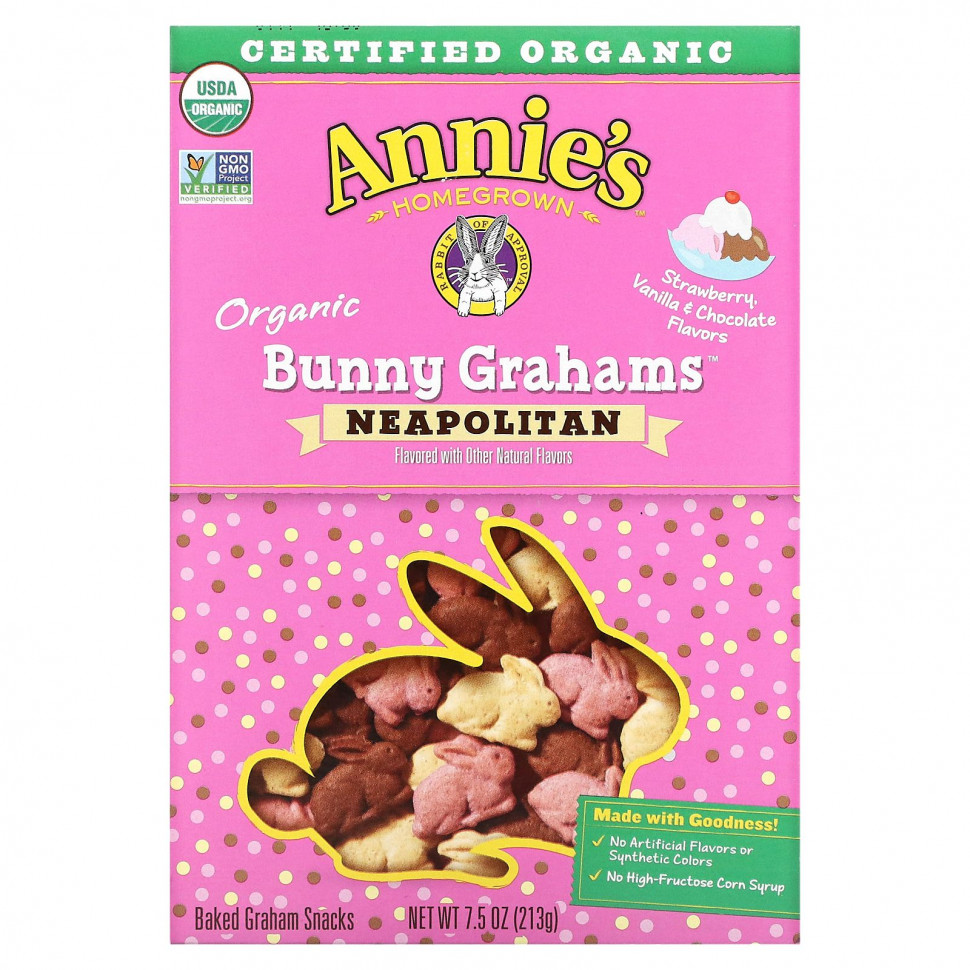   (Iherb) Annie's Homegrown, Organic Baked Bunny Graham Snacks, Neapolitan , 7.5 oz (213 g)    -     , -, 