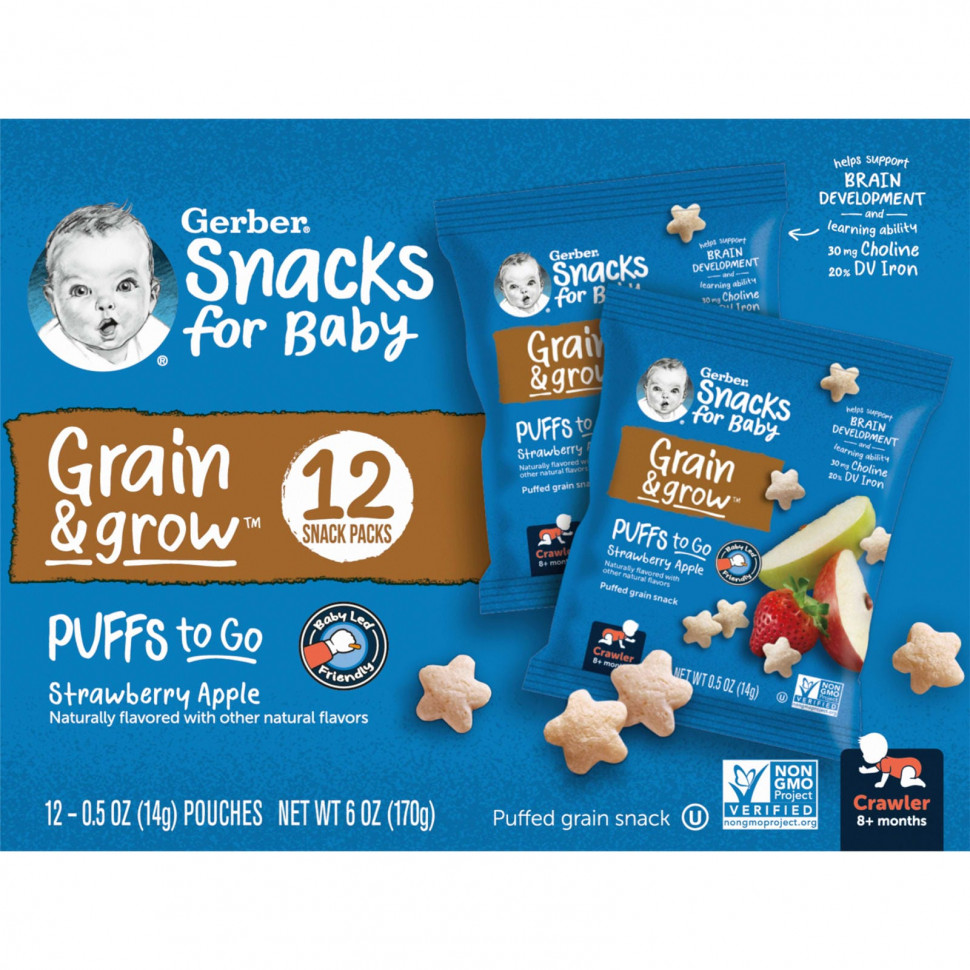 ���� ������ (Iherb) Gerber, Snacks for Baby, Grain & Grow, Puffs to Go, ��� ����� �� 8 �������, �� ������ �������� � ������, 12 ��������� ������ �� 14 � (0,5 �����), ������ �� 5030 ���