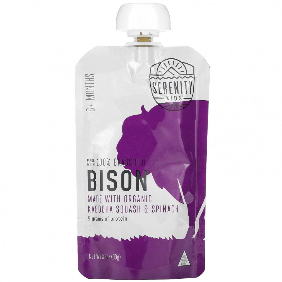   (Iherb) Serenity Kids, 100% Grass Fed Bison with Organic Kabocha Squash & Spinach, 6+ Months, 3.5 oz (99 g)    -     , -, 