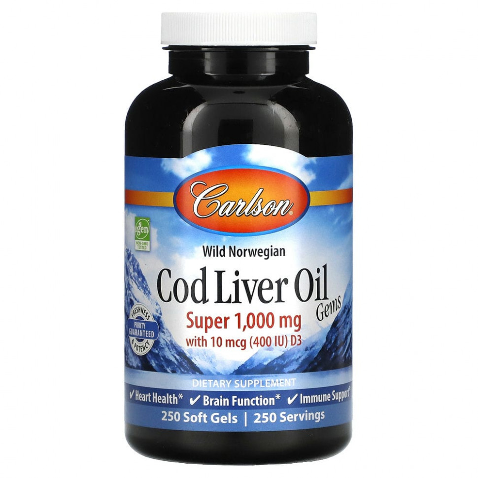 ���� ������ (Iherb) Carlson Labs, Cod Liver Oil Gems, ������� �� ���� ������ ����� ���������� ������, ������� ��������, 1000 ��, 250 ������, ������ �� 4950 ���