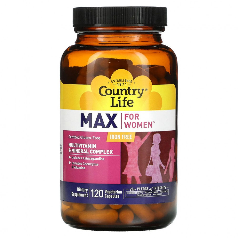   (Iherb) Country Life, Max for Women, Multivitamin & Mineral Complex, Iron Free, 120 Veggie Caps    -     , -, 