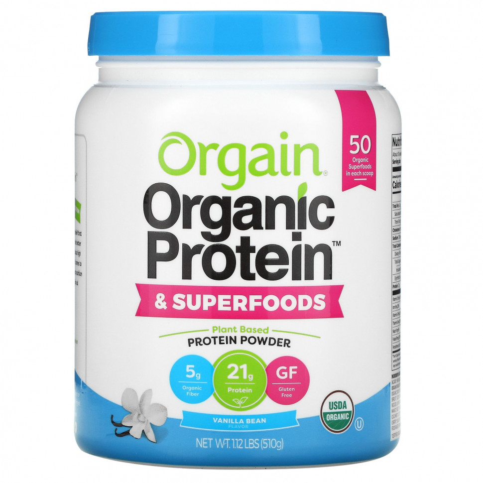   (Iherb) Orgain, Organic Protein + Superfoods Powder, Plant Based Protein Powder, Vanilla Bean, 1.12 lb (510 g)    -     , -, 