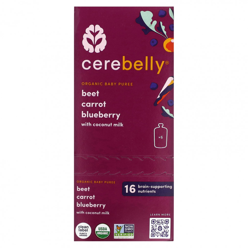   (Iherb) Cerebelly, Organic Baby Puree, Beet, Carrot, Blueberry With Coconut Milk, 6 Pouches, 4 oz (113 g) Each    -     , -, 